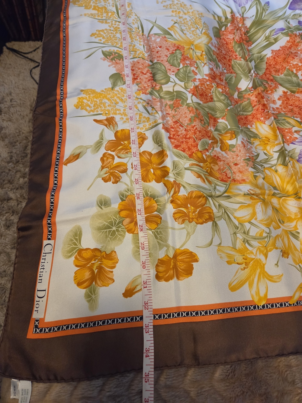 Christian Dior Scarf 100% Silk Beautiful Floral Square Scarf with Brown Border - Picture 7 of 10